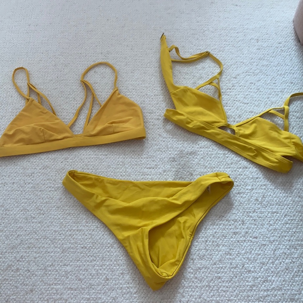 2 top one bottom yellow bikini set